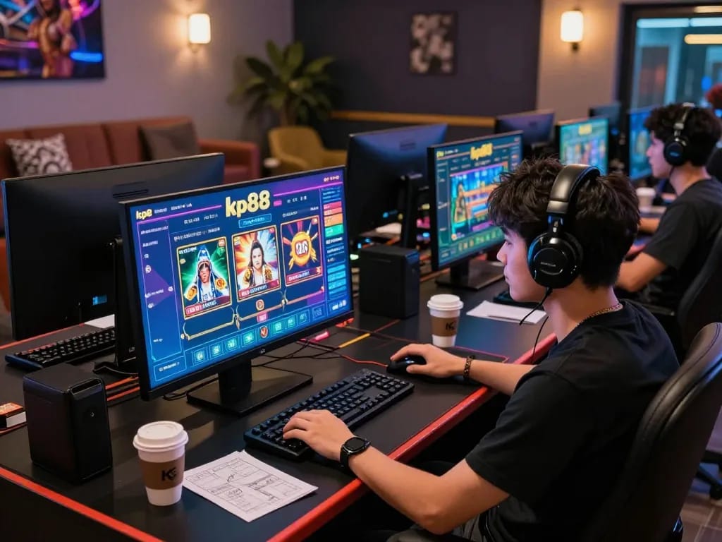 Engaging player enjoying the kp88 online casino experience at home with vibrant screen display