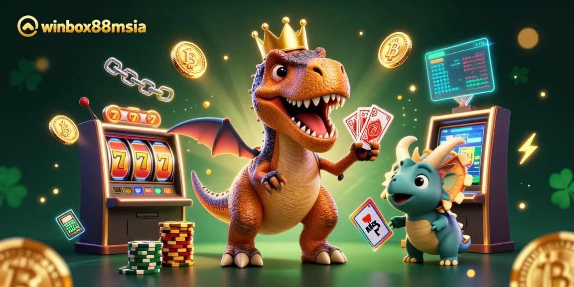 Winbox88msia illustrates an exciting online casino scene with vibrant characters and gambling elements.