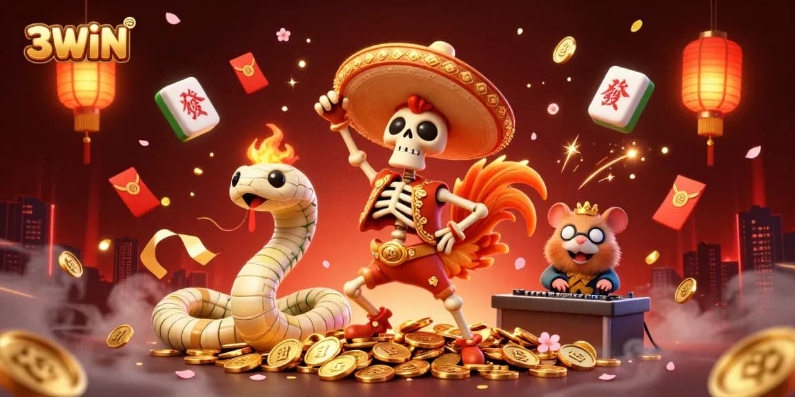 3WIN showcases a vibrant, dynamic scene of a cartoon skeleton mariachi rooster celebrating atop gold coins, with festive game elements around.