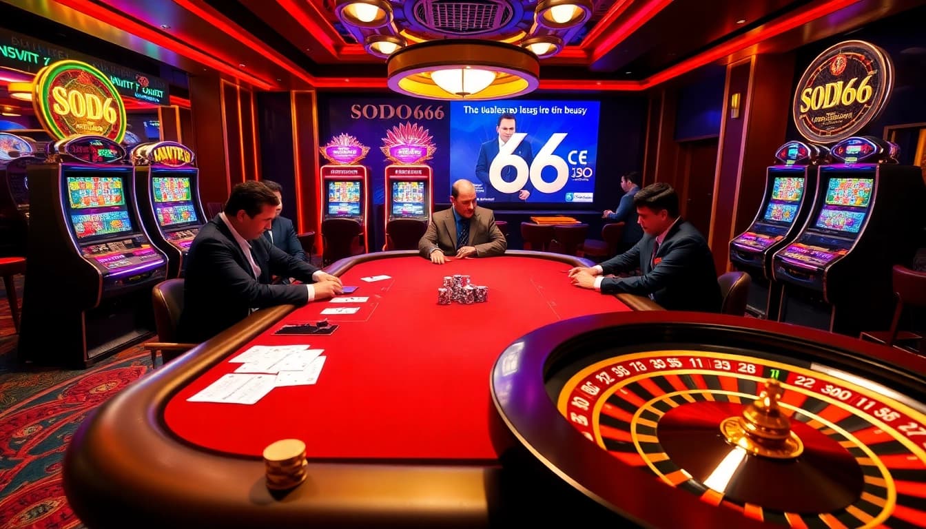 SODO66 vibrant casino scene with poker players and slot machines, capturing excitement.