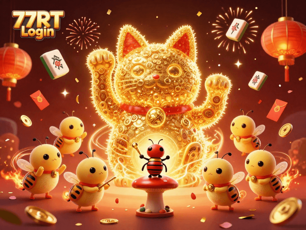 Experience thrilling wins with 77RT Login, featuring a vibrant lucky cat in a dynamic casino scene.