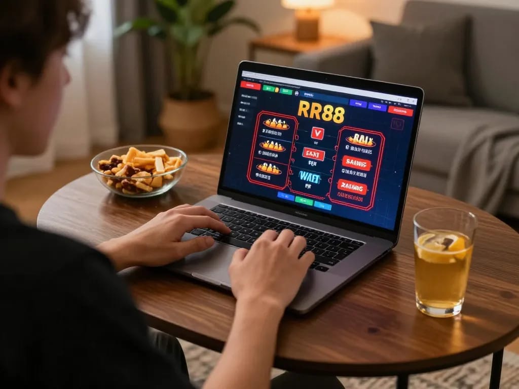 Player enjoying online casino gaming on RR88 with snacks and a laptop in a cozy home setting.