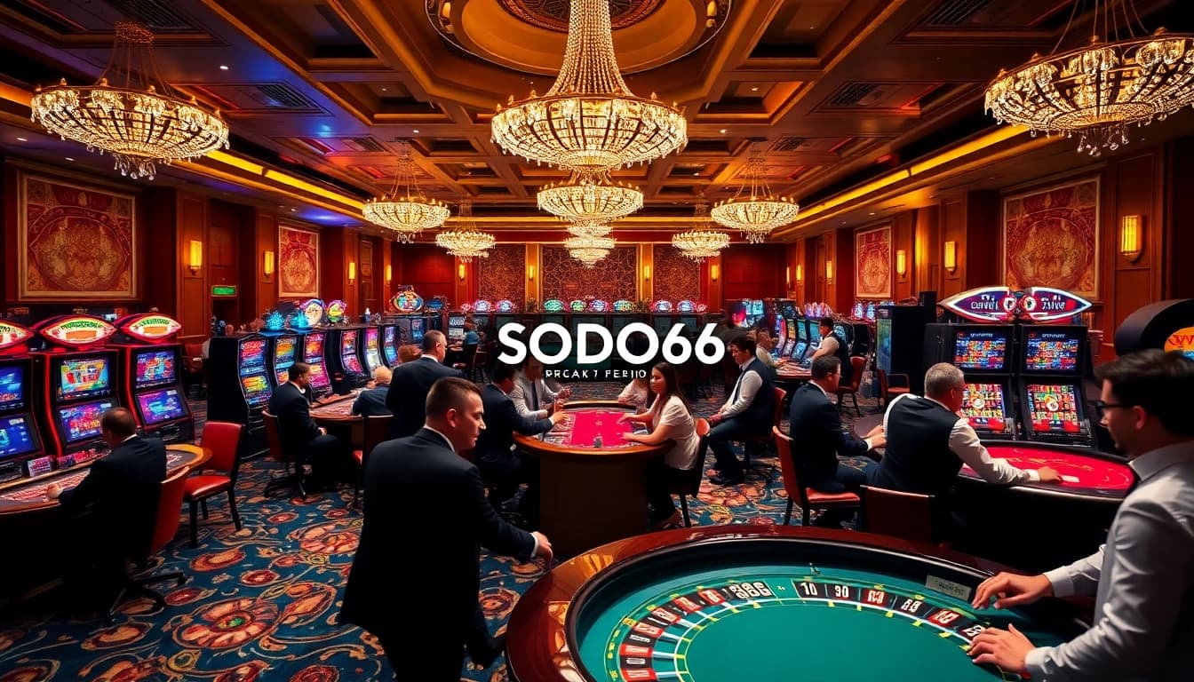 Players enjoying vibrant casino games at SODO66, with poker chips and roulette wheels illuminating the atmosphere.