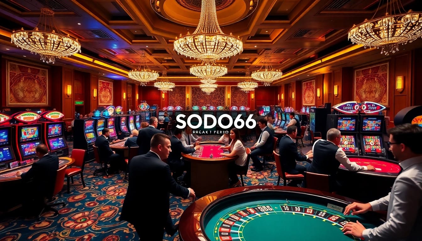 Players enjoying vibrant casino games at SODO66, with poker chips and roulette wheels illuminating the atmosphere.