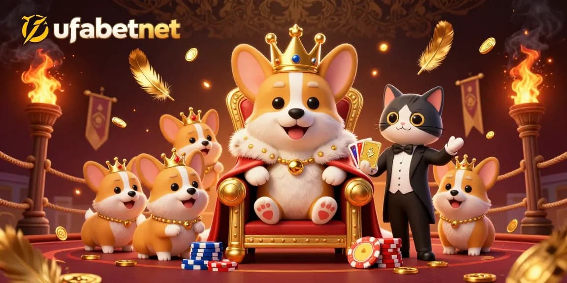 Win big with ufabetnet in this vibrant cartoon casino scene featuring a royal corgi throne.