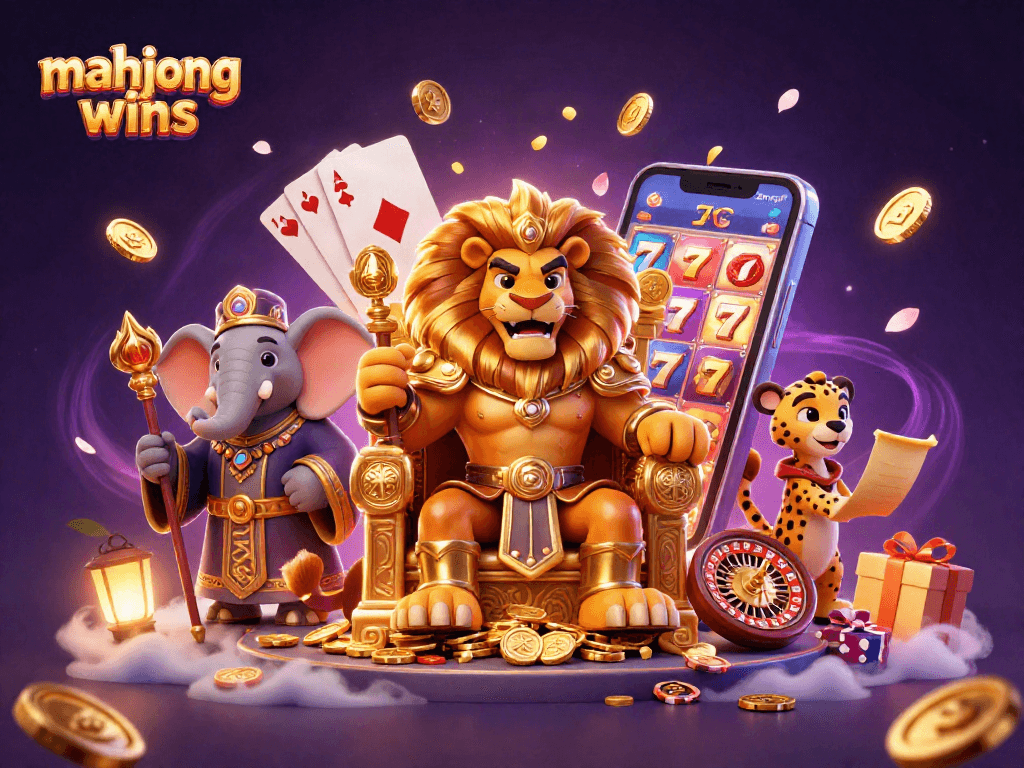 Experience mahjong wins with dynamic casino characters in a vibrant 3D illustration.