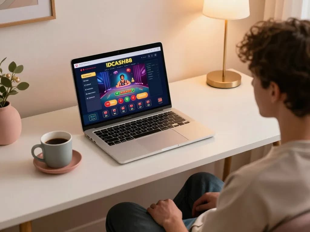 IDCASH88 online gaming setup featuring a laptop display and strategic betting notes in a cozy atmosphere