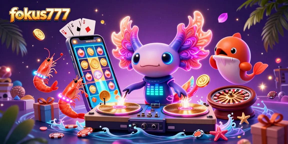 Experience vibrant fun with fokus777 as neon axolotl DJ spins in an exciting online gaming scene.
