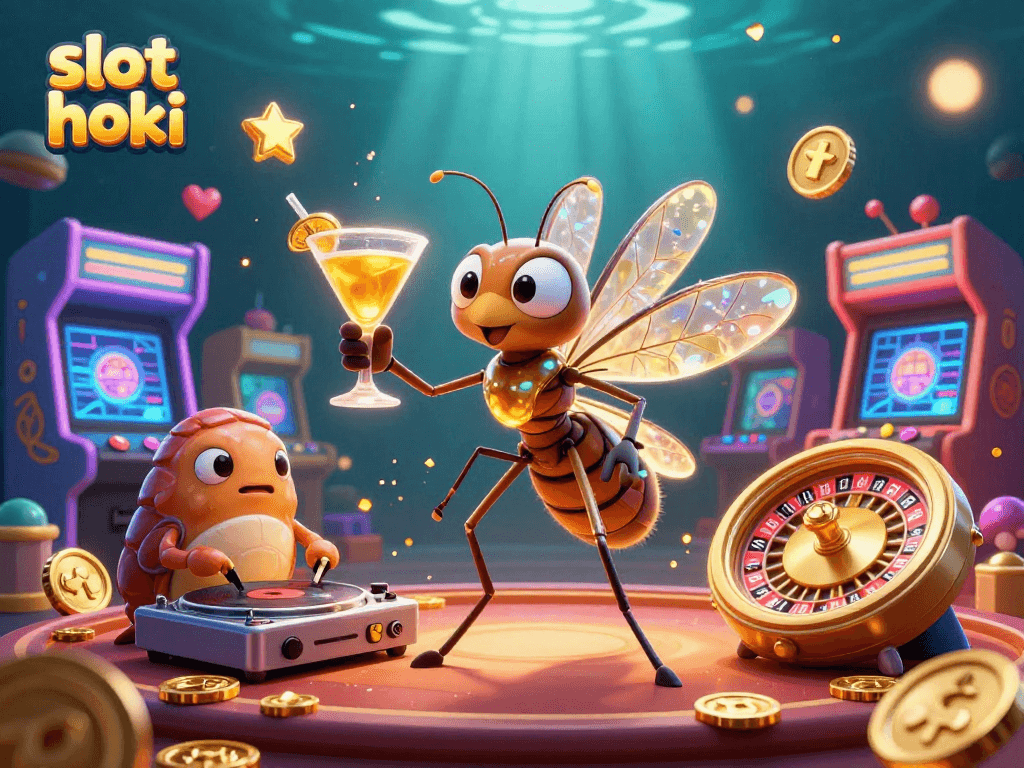 Engage with slot hoki in a vibrant 3D casino scene featuring unique and lively characters.