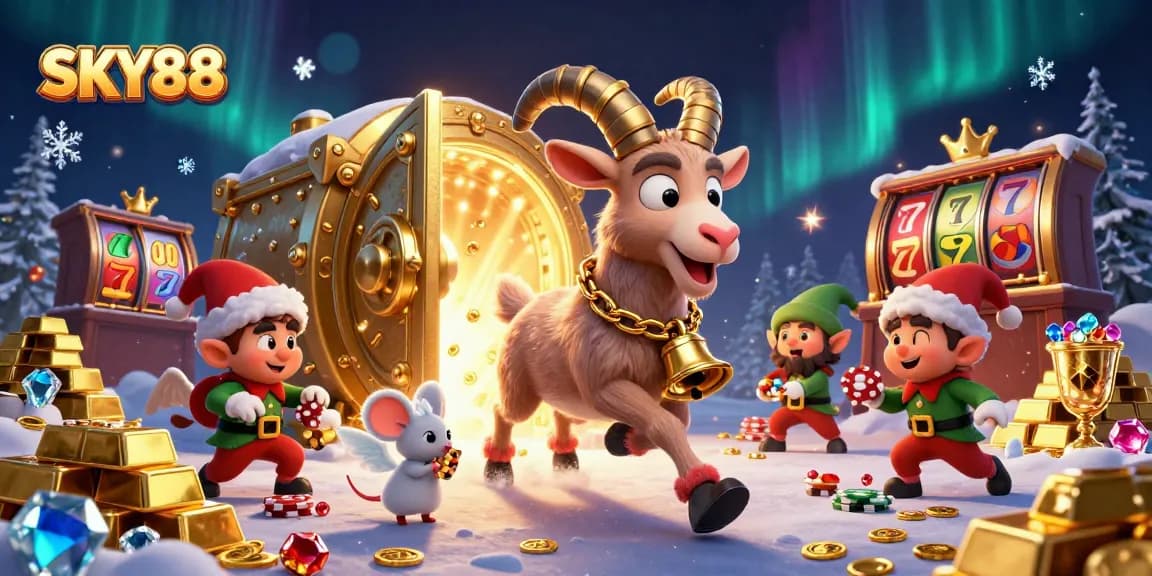 SKY88 entertains players in a festive, action-packed casino scene with gremlins and treasures.