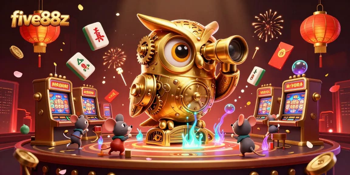 The five88z casino experience is captured with a clockwork owl and dynamic slot machine elements.