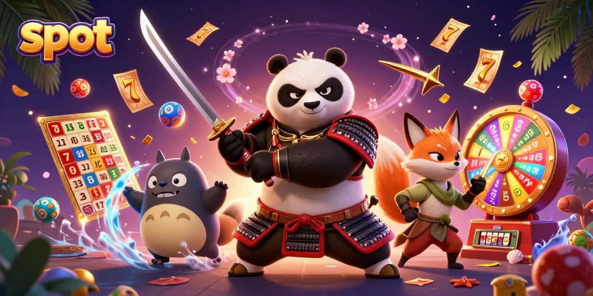 Spin vibrant slot reels with a samurai panda and ninja fox in a magical casino scene.