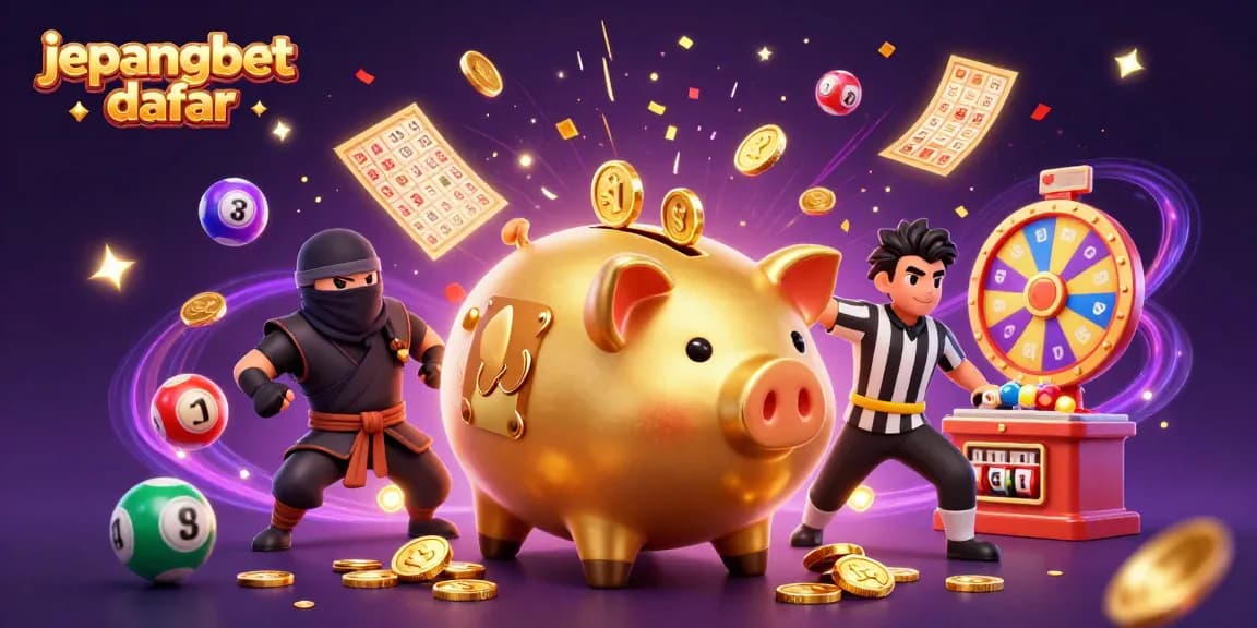 jepangbet daftar features a dynamic scene with a piggy bank sumo wrestler and vibrant gambling elements.