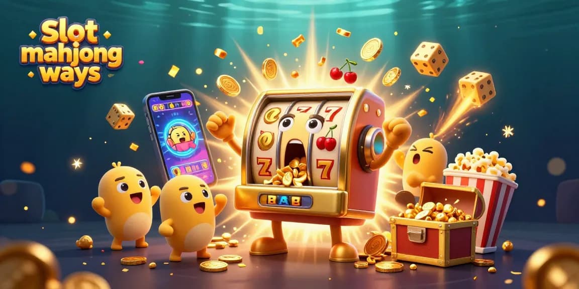 Engaging scene of 3D cartoon slot mahjong ways jackpot with coins pouring and cheering machines