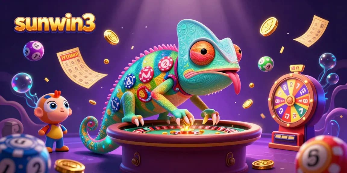 Experience the vibrant thrills of sunwin3 with an energetic chameleon casino owner amidst exciting game elements.