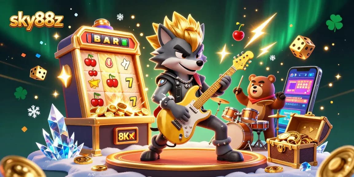 Experience a thrilling sky88z slot scene with a rock star wolf and jackpot elements, igniting excitement.