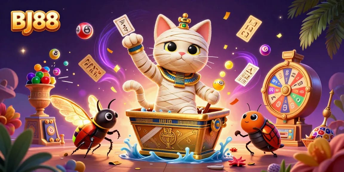 Engage with BJ88's mystical casino experience featuring an Egyptian mummy cat and vibrant game elements.