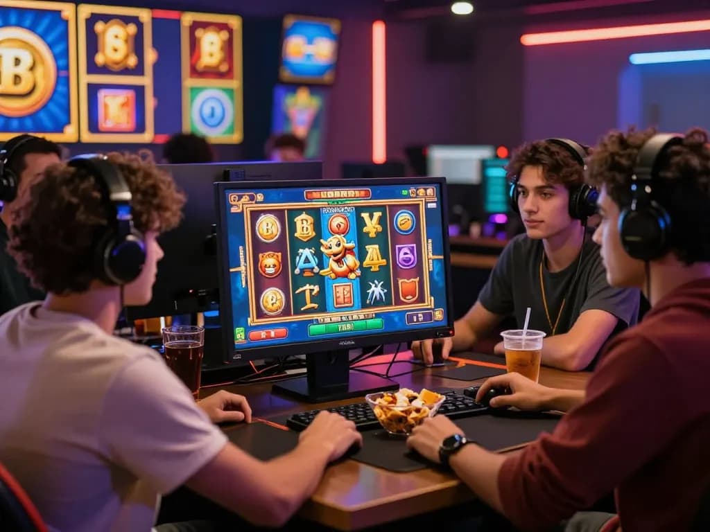 Pemandangan permainan online yang menarik dengan teman-teman menikmati permainan bocoran slot online di suasana digital yang vibrant.