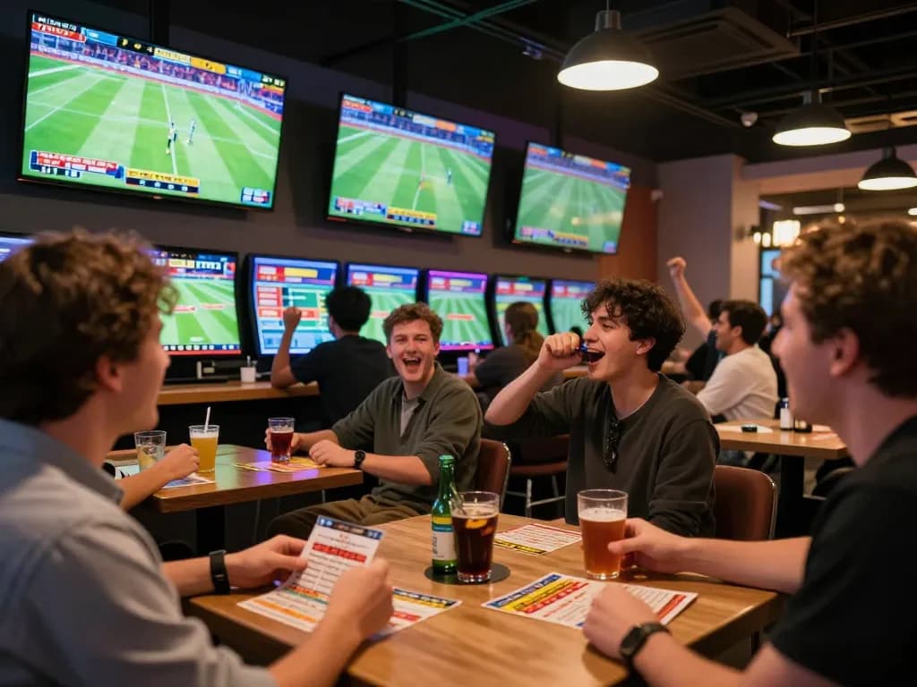 Socolive fans cheering while placing bets on live football matches in a vibrant sports lounge.