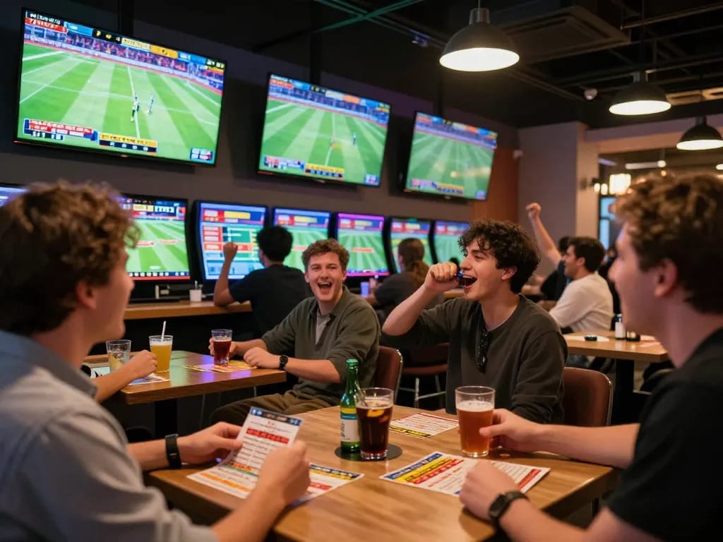 Socolive fans cheering while placing bets on live football matches in a vibrant sports lounge.