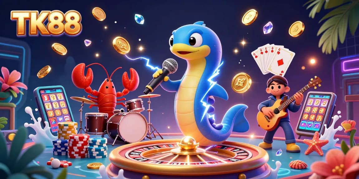 Engage with the vibrant TK88 underwater adventure featuring an electric eel DJ and casino elements.