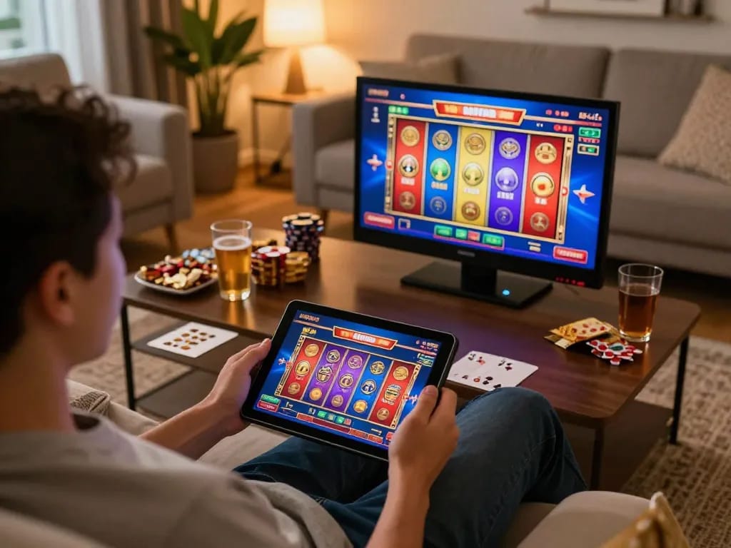 Phtaya player enjoying online slots on a tablet in a cozy home setting with snacks.