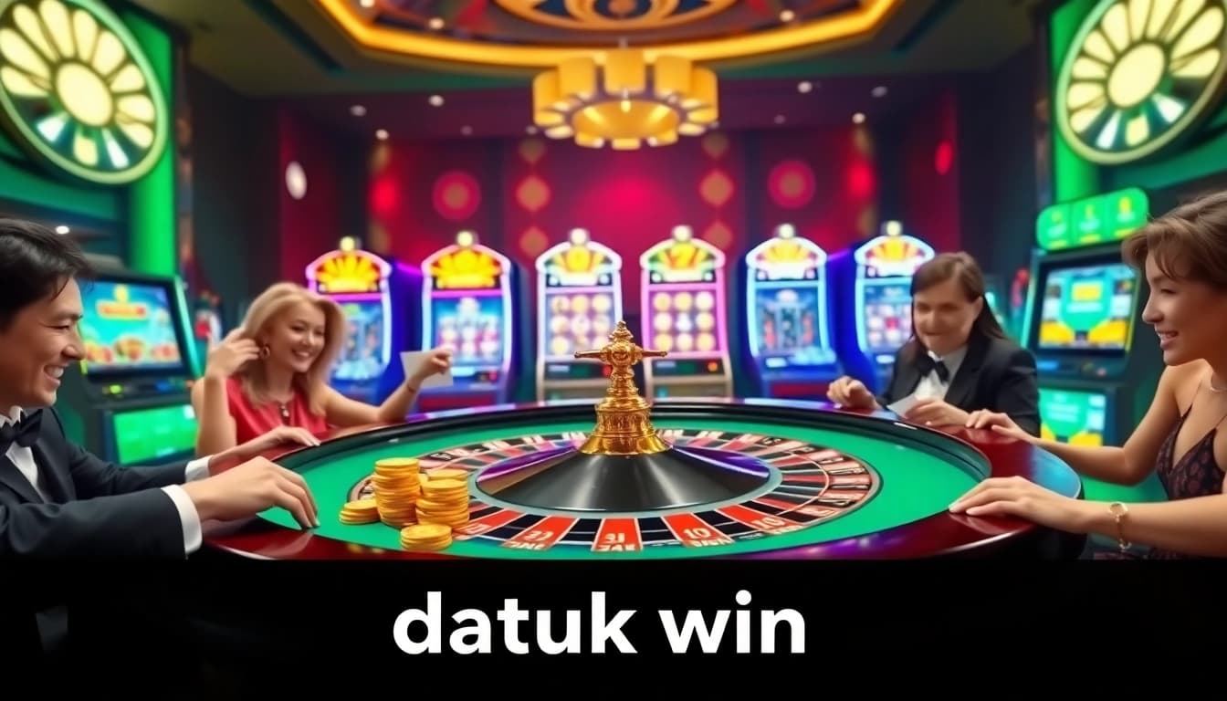 Rasakan sensasi kemenangan Datuk Win di sebuah kasino mewah, menampilkan permainan roulette dan para pemain yang antusias.