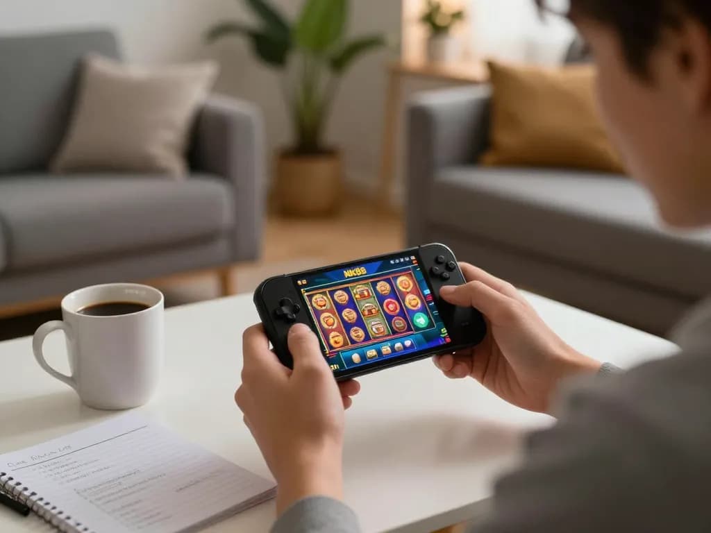 Player engaging with NK88 mobile casino app while analyzing gaming strategy notes in a cozy setting