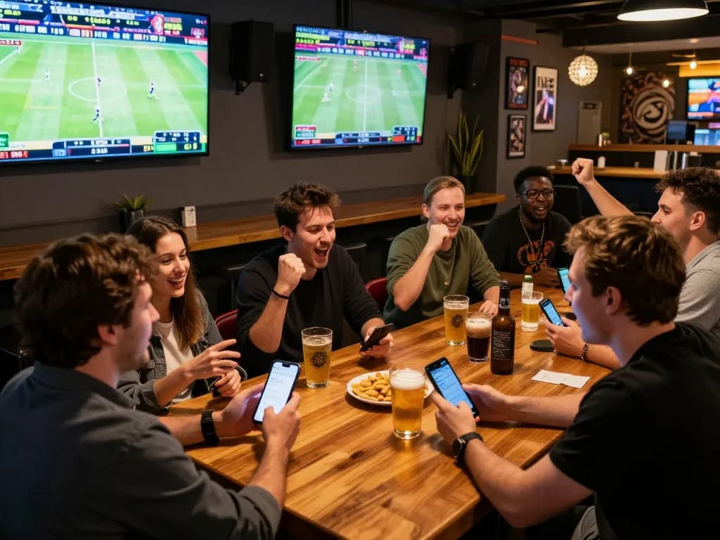 Exciting sports betting moment with friends discussing tỷ lệ nhà cái and placing bets on their smartphones