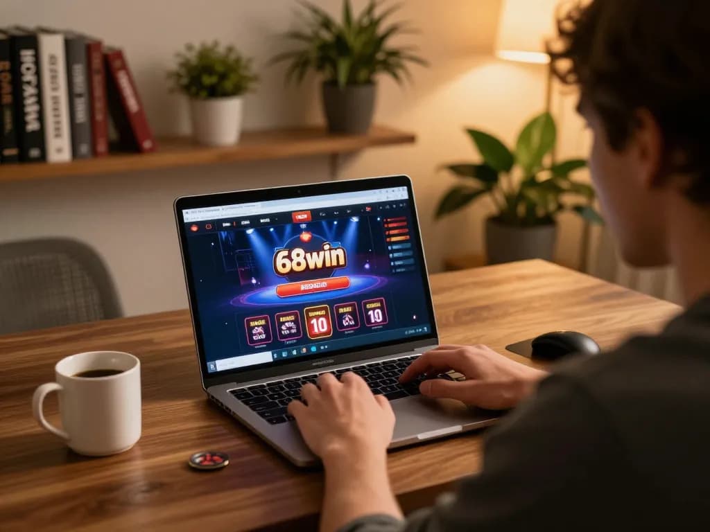 Engaged player enjoying 68win online casino experience on laptop with warm lighting