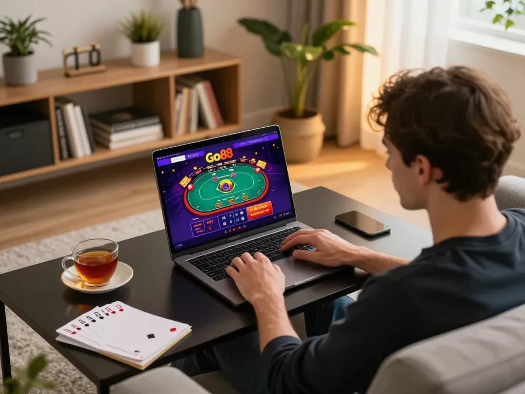 Engaging Go88 online gaming scene with vibrant poker tables on a cozy home setup.