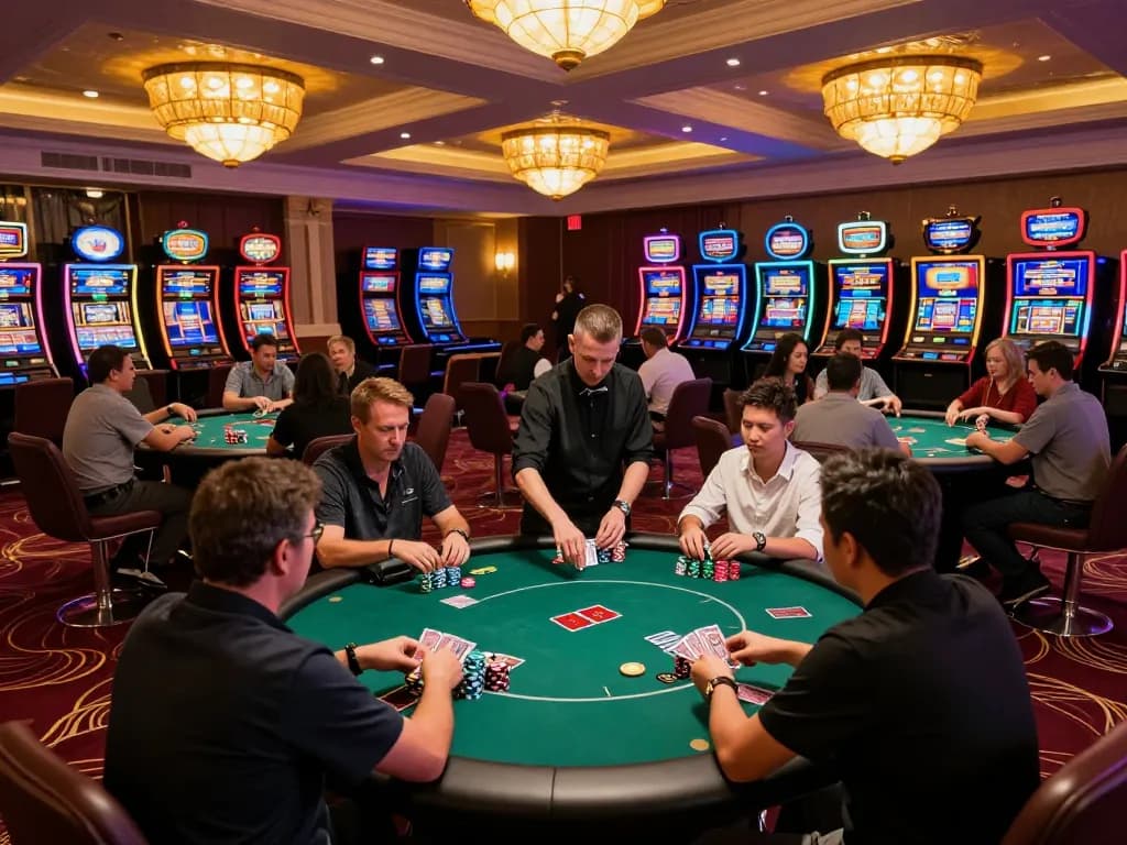 Players enjoying a thrilling poker game at a vibrant casino with kong 88 action happening at the table.