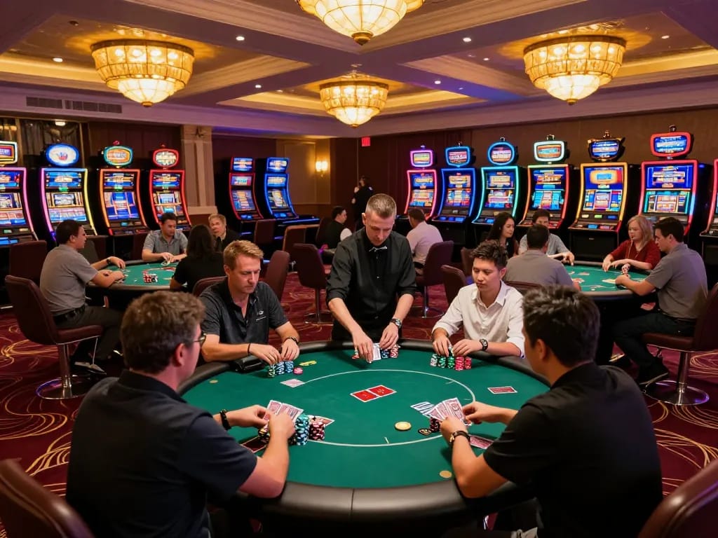 Players enjoying a thrilling poker game at a vibrant casino with kong 88 action happening at the table.