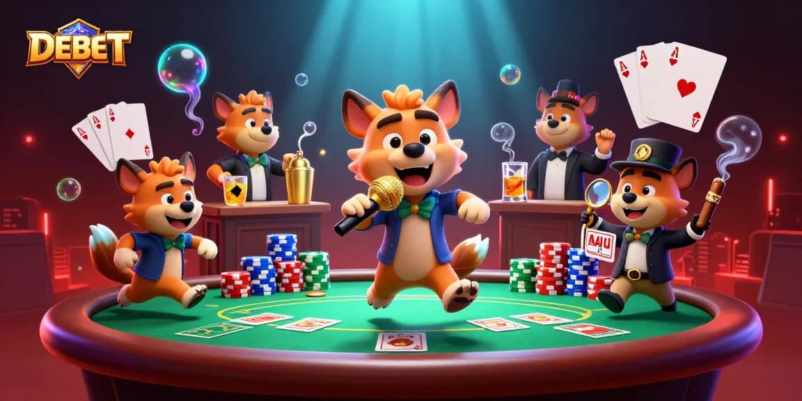 Enjoy the DEBET casino experience with hyenas in a vibrant, comedic 3D illustration.