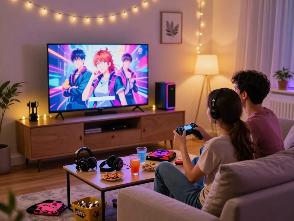 Couple enjoying porngames on a cozy couch with snacks and a gaming console.