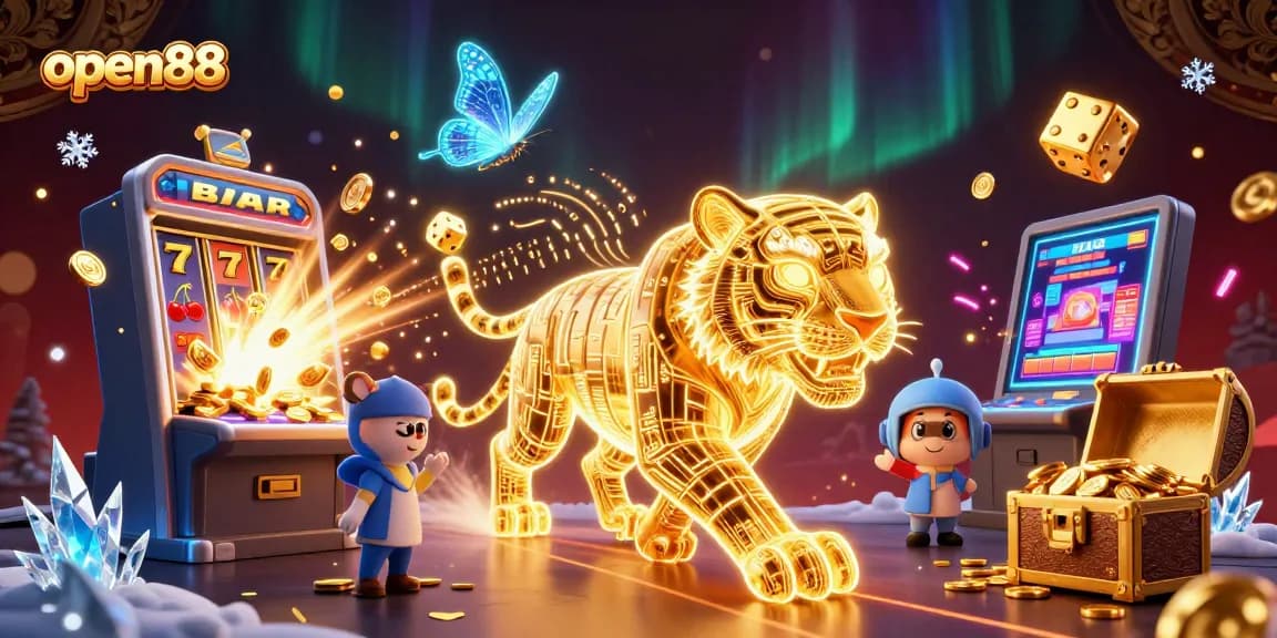 The open88 scene features a golden tiger and holographic companions in a vibrant casino landscape bursting with excitement.