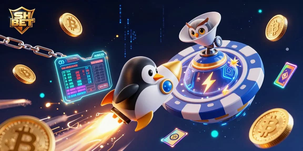 Experience excitement at SH BET with a dynamic illustration of a rocket-powered penguin and casino elements, engaging in gambling action.
