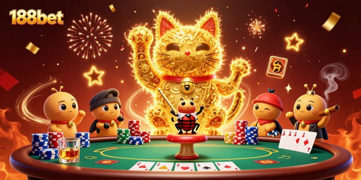 Gamble strategically with 188bet's vibrant casino scene featuring lucky cat and poker elements.