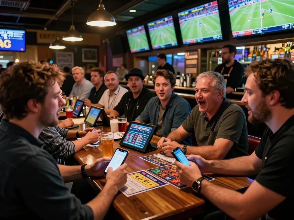 Engaging in sports betting at RR88 SELECT sports bar with friends, multiple screens showing live events