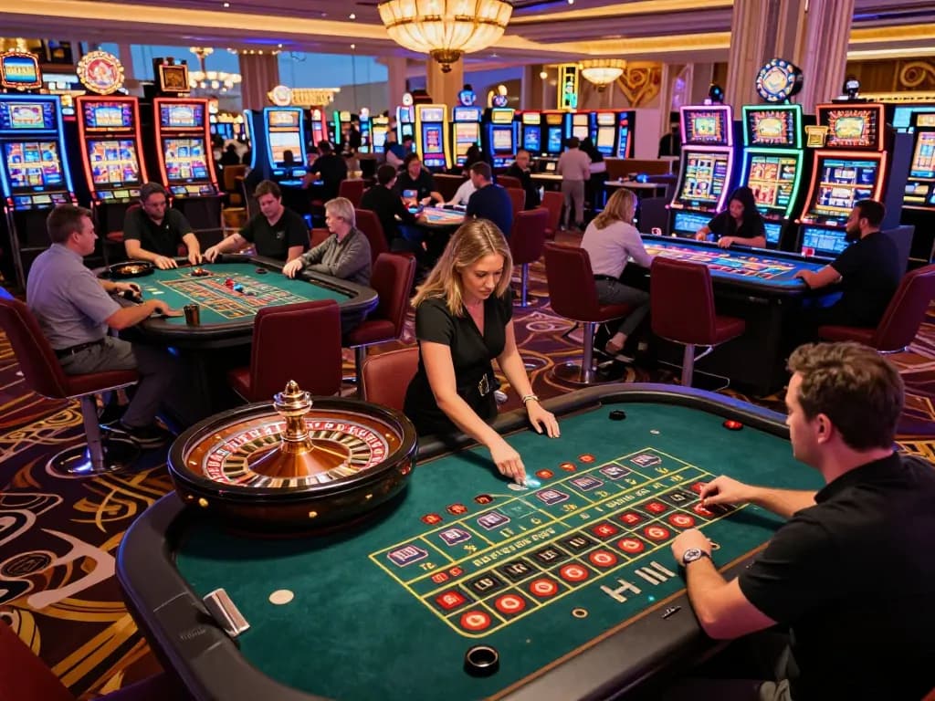 Experience mpoid gameplay at a vibrant roulette table in a Las Vegas casino.