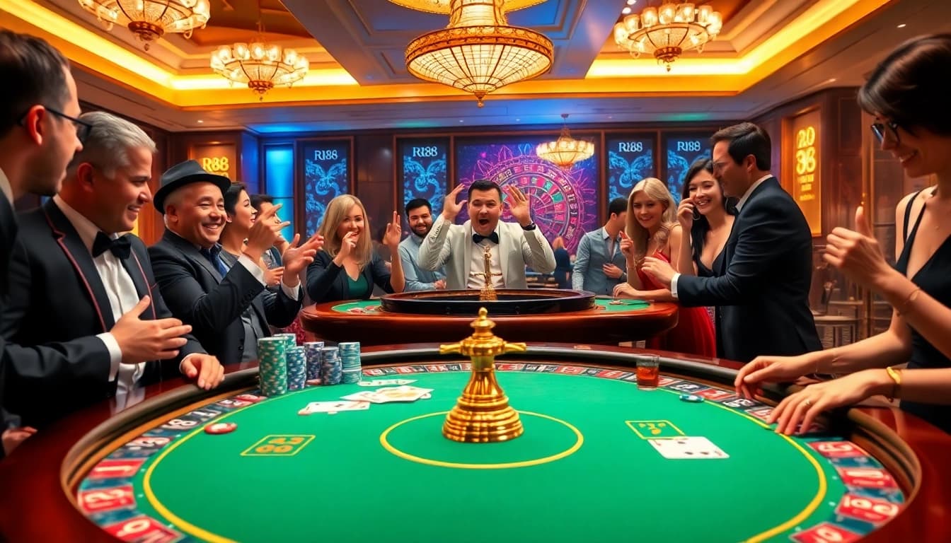 Players enjoying an exciting RR88 casino game at an elegant gambling table filled with vibrant chips and cards.