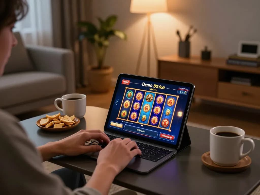 Bermain Demo Slot PG Soft Mirip Asli di tablet dalam pengaturan permainan rumah yang nyaman.