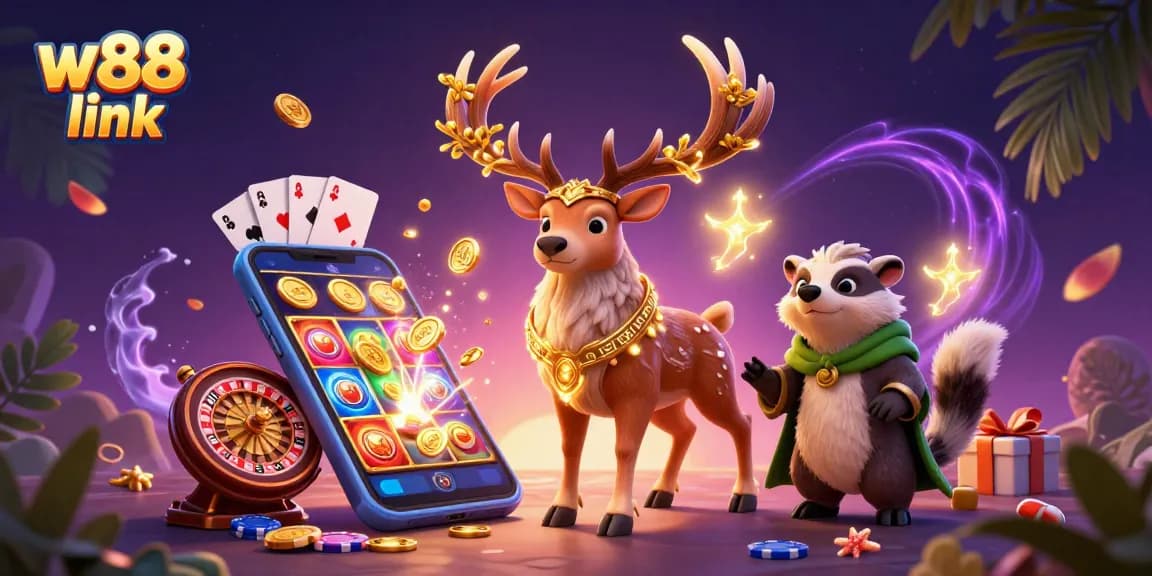 Engage with the exciting w88 link in this vibrant 3D illustration, showcasing an adventurous scene packed with casino elements.