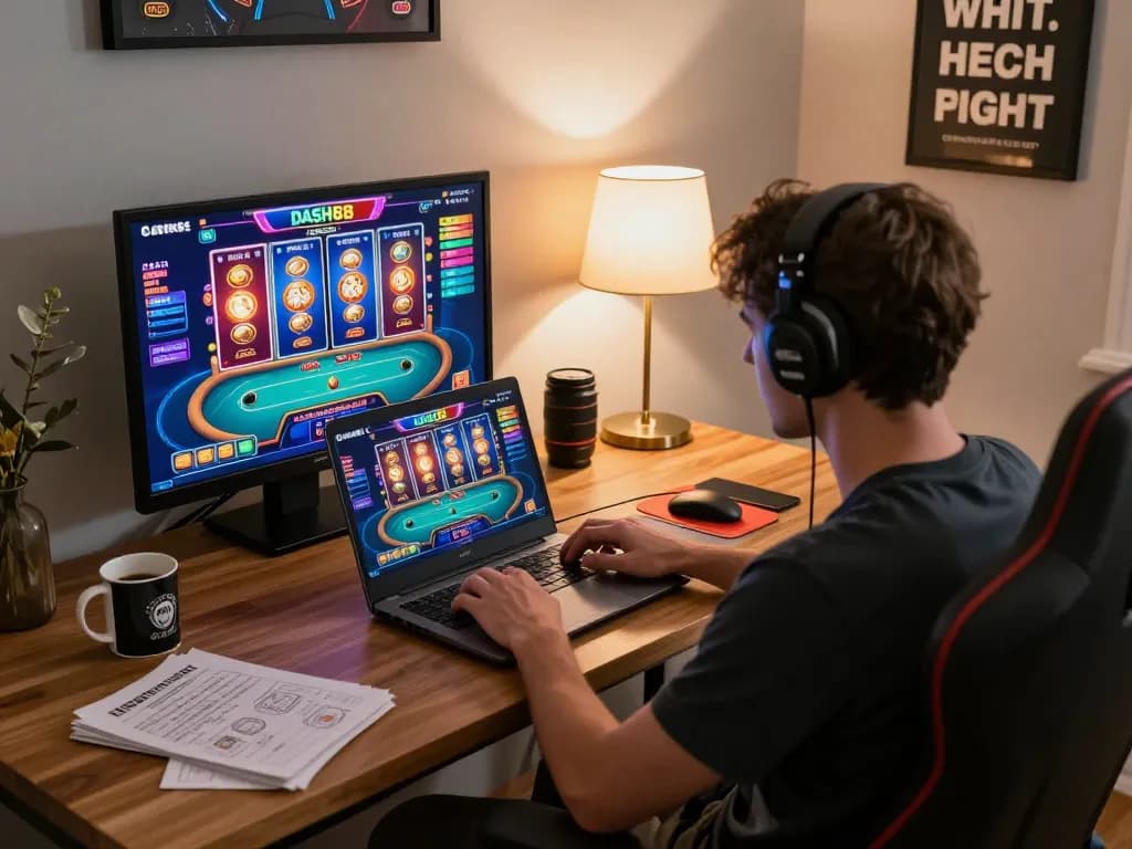 Engaging online gaming setup with a player enjoying dash88 slot games, laptop screen displaying vibrant gameplay.