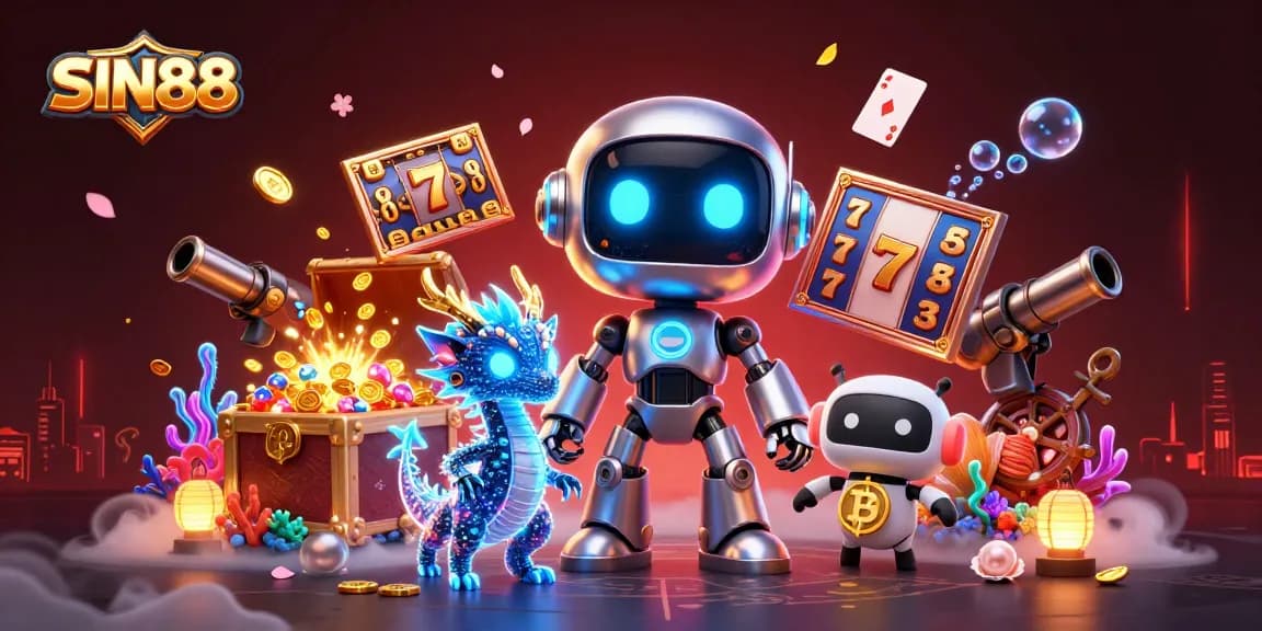 SIN88 Casino adventure with a cyberpunk robot, holographic dragon, and bitcoin drone in a rich slot game environment.