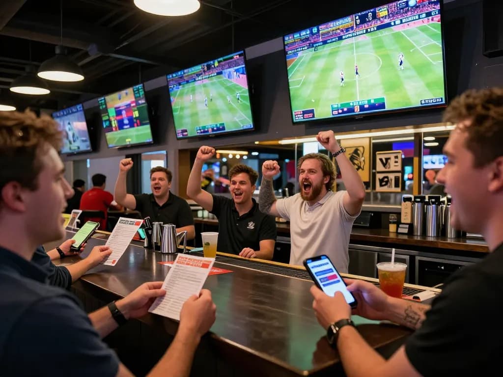Sports fans actively placing bets on 8xbet with smartphones while watching games in a lively bar