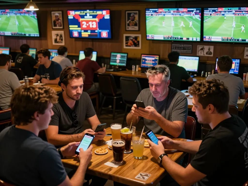 Patrons engage in sports betting action while using bet88 app, displaying a vibrant atmosphere.