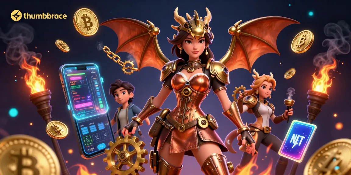 Engage with innovative gameplay featuring thumbbrace amidst Crypto coins, vibrant effects, and steampunk artistry.