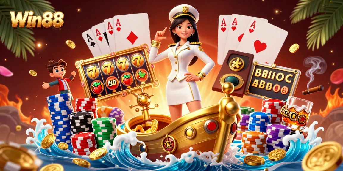 Win88 showcases exciting slot gameplay with vibrant reels, commanding character, and golden coins.