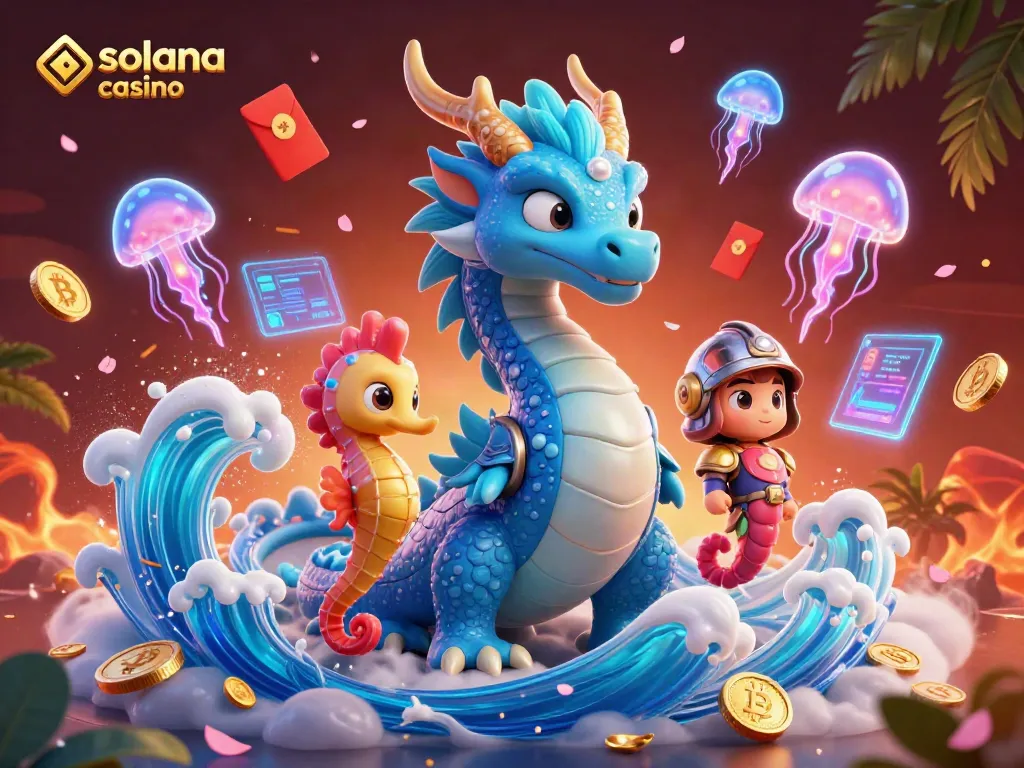 Engage with the vibrant world of Solana casino, featuring a majestic dragon and coral knight.